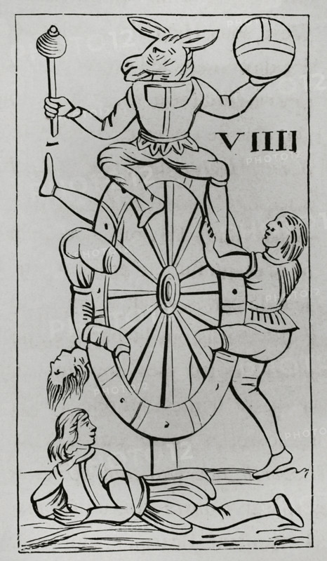 Card from the Florentine Minchiate deck - Wheel of Fortune, 1877. Creator: Unknown.