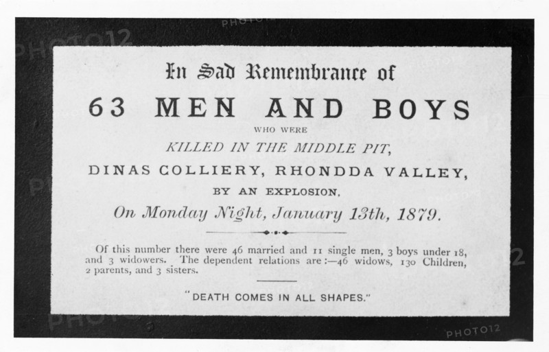 Dinas Colliery Explosion, memorial card, 1879. Creator: Unknown.