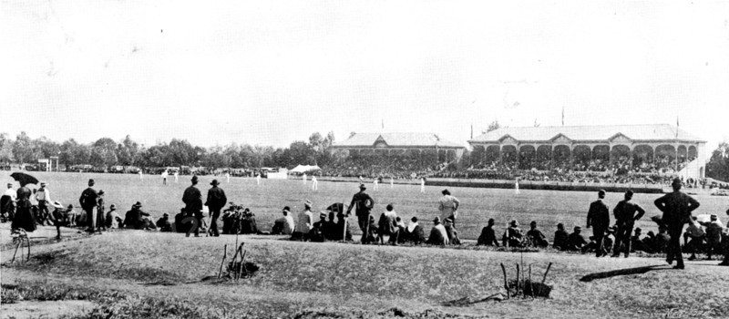 English cricketers in Australia: the Adelaide Cricket Oval (the English team in the field), 1895. Creator: Scott Barry.