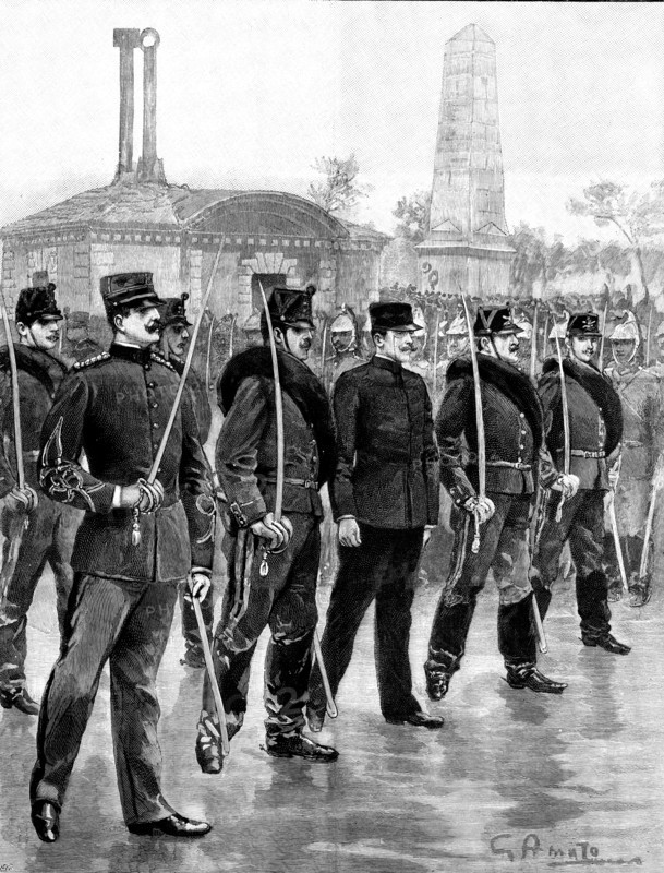 The Degradation of Captain Dreyfus in Paris: on his way to the prison van, 1895. Creator: P Naumann.