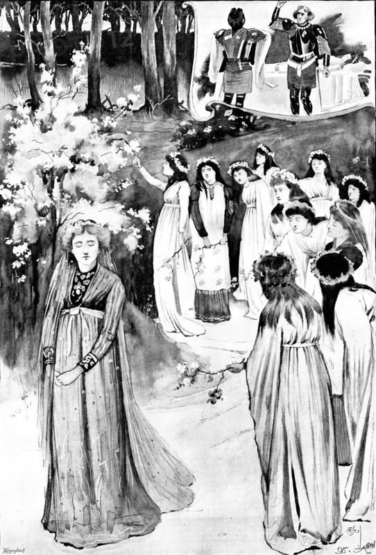 King Arthur, at the Lyceum: the Queen's Maying in the Whitethorn Wood, 1895. Creator: George Meisenbach.