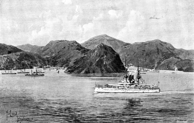 The War in Eastern Asia: the "Centurion" passing Ta-Lien-Whan Bay..., 1895. Creator: George Meisenbach.