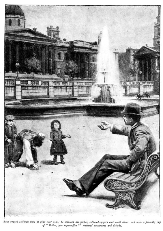Eve's Ransom...Some ragged children were at play near him; he searched his pocket..., 1895. Creator: George Meisenbach.