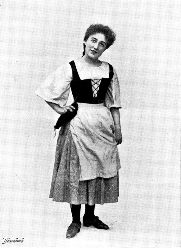 Hänsel and Gretel,'' at the Gaiety Theatre: Miss Jeanne Douste as Gretel, 1895. Creators: George Meisenbach, George Henry Hana, Hana Studios Ltd.	Hänsel and Gretel,'' at the Gaiety Theatre: Miss Jeanne Douste as Gretel, 1895. London state production. '"I'll tell you a most delightful secret."'' From "Illustrated London News", 1895.