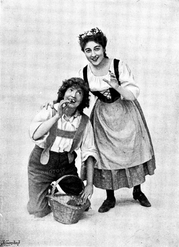 Hänsel and Gretel,'' at the Gaiety Theatre: Marie Elba as Hänsel and Jeanne Douste as Gretel, 1895. Creators: George Meisenbach, George Henry Hana, Hana Studios Ltd.	Hänsel and Gretel,'' at the Gaiety Theatre: Marie Elba as Hänsel and Jeanne Douste as Gretel, 1895. London state production. 'Gretel: "And you are very greedy, too! Hansel: "Cuckoo! Cuckoo!"' From "Illustrated London News", 1895.