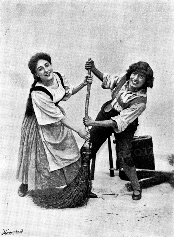 Hänsel and Gretel,'' at the Gaiety Theatre: Jeanne Douste as Gretel and Marie Elba as Hänsel, 1895. Creators: George Meisenbach, George Henry Hana, Hana Studios Ltd.	Hänsel and Gretel,'' at the Gaiety Theatre: Jeanne Douste as Gretel and Marie Elba as Hänsel, 1895. London state production. '"Off with you, out with you, Shame on you, goose!"'. From "Illustrated London News", 1895.