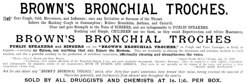 Advertisement for Brown's Bronchial Troches, 1895. Creator: Unknown.