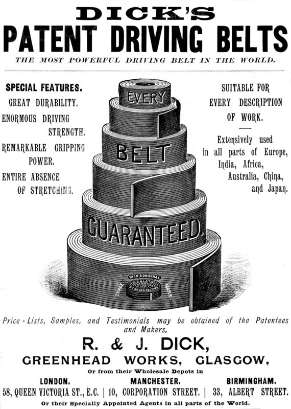 Advertisement for Dick's Patent Driving Belts, 1895. Creator: Unknown.