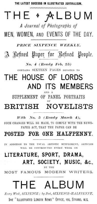 Advertisement for The Album - A Journal of Photographs of Men, Women, and Events of the Day, 1895. Creator: Unknown.