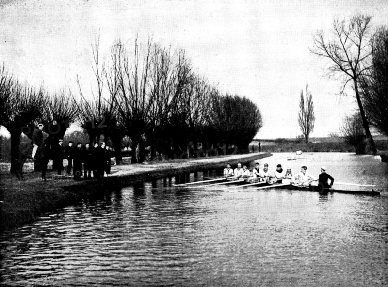 The Universities' Boat-Race: the Cambridge crew at practice - a word of advice from the coach, 1895. Creator: Stearn.
