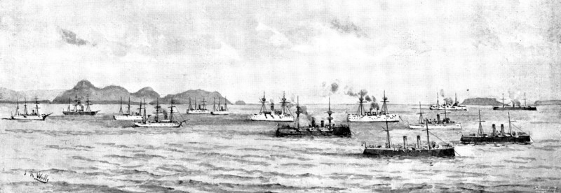 The War in Eastern Asia: men-of-war anchored off Chefoo - a sketch from the shore, 1895. Creator: George Meisenbach.