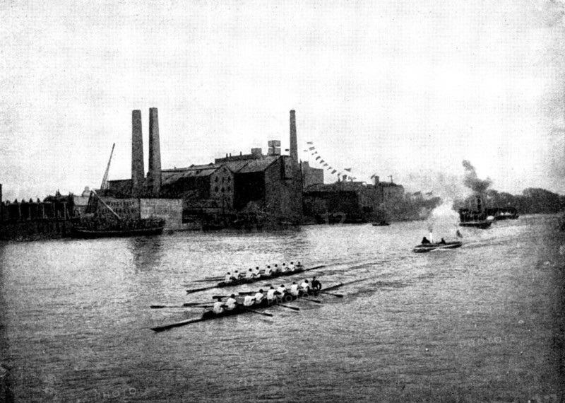The Universities' Boat-Race: from Hammersmith Bridge, 1895. Creator: Stearn.