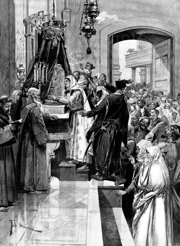 Holy Thursday at the Holy Sepulchre: kissing the column at which Christ was flagellated, 1895. Creator: P Naumann.