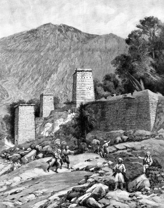 The Chitral Expedition: the Fort at Chitral as seen from the river, 1895. Creator: P Naumann.