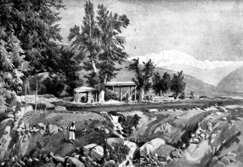 The Chitral Expedition: Musjid in the Serai, Chitral: the Mountain Trichmir in the distance, 1895. Creator: George Meisenbach.