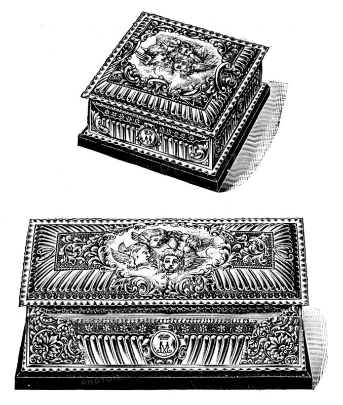 Silver gilt caskets for the toilet-table presented to the Duchess of York by Mr. Walter Mappin, 1895 Creator: Unknown.