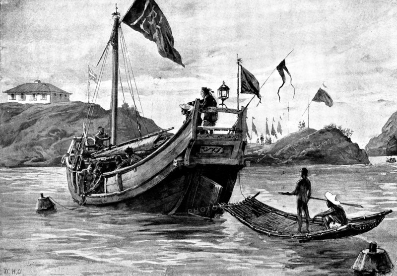 Sketches in Formosa: "Black Flag" soldiers laying down mines at the entrance to Takow Harbour, 1895. Creator: George Meisenbach.
