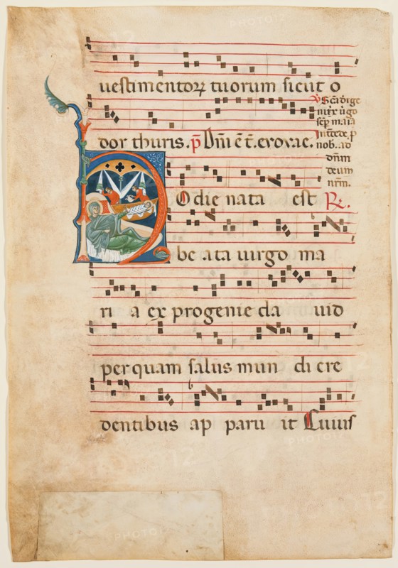 Antiphonary Leaf: Historiated "H" with Birth of the Virgin, between 1270 and 1280. Creator: Master of Imola.