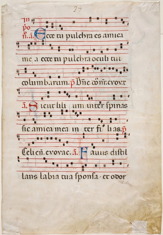 Antiphonary Leaf: Text with Musical Notation with Three Ornamental Letters, between 1270 and 1280. Creator: Master of Imola.