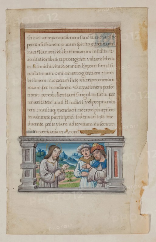 Leaf with Framed Text with Framed Miniature of Road to Emmaus, early 16th century. Creator: School of Jean Colombe.