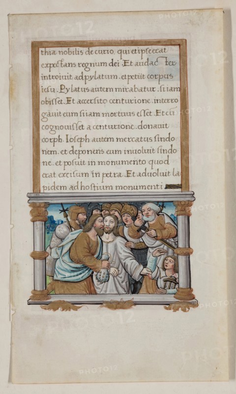 Leaf with Framed Text with Framed Miniature of the Betrayal, early 16th century. Creator: School of Jean Colombe.