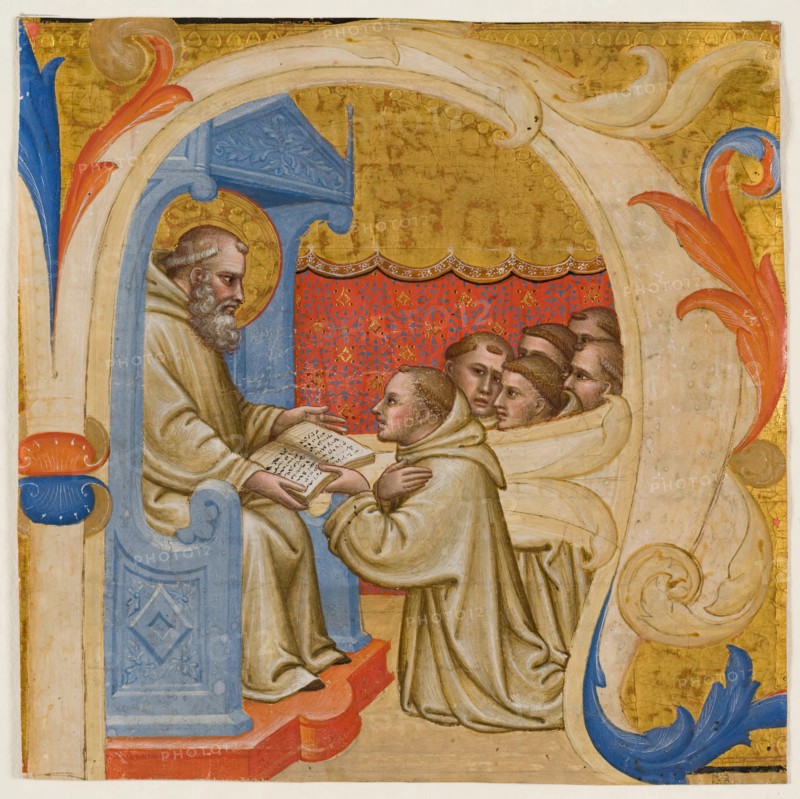 Choral Leaf Fragment: Historiated "A" with Six Monks Presenting a Book to an Enthroned....(?), c1400 Creator: Unknown.