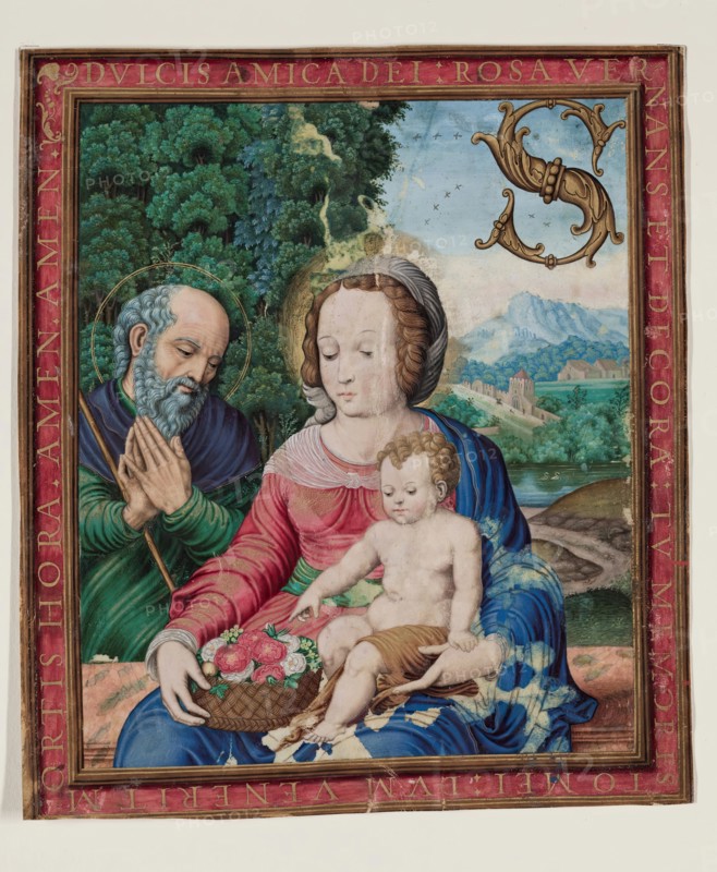Leaf Fragment with Framed Miniature with Holy Family and Initial "S", 16th century. Creator: Unknown.