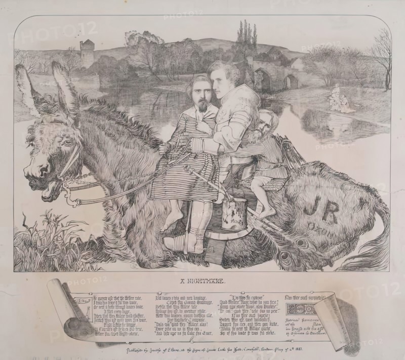 Satire of Millais's Painting -" St. Isumbras at the Ford", c1857. Creator: Frederick Augustus Sandys.