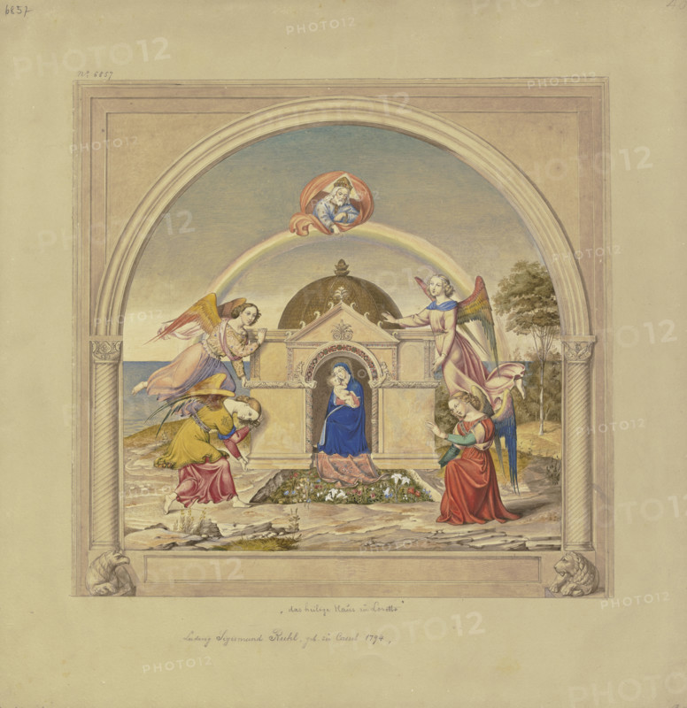 Angels carry the Holy Family's house from Nazareth to Loreto. Creator: Ludwig Sigismund Ruhl.