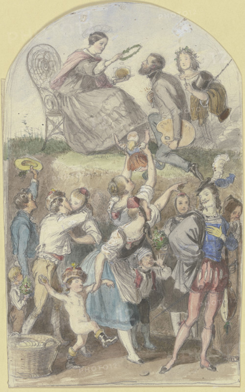 A crowning of an artist, a crowd below. Creator: Albert Hendschel.