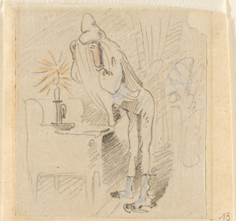 The disturbed but happily regained night's rest, (The Flea); 13, 1862. Creator: Wilhelm Busch.