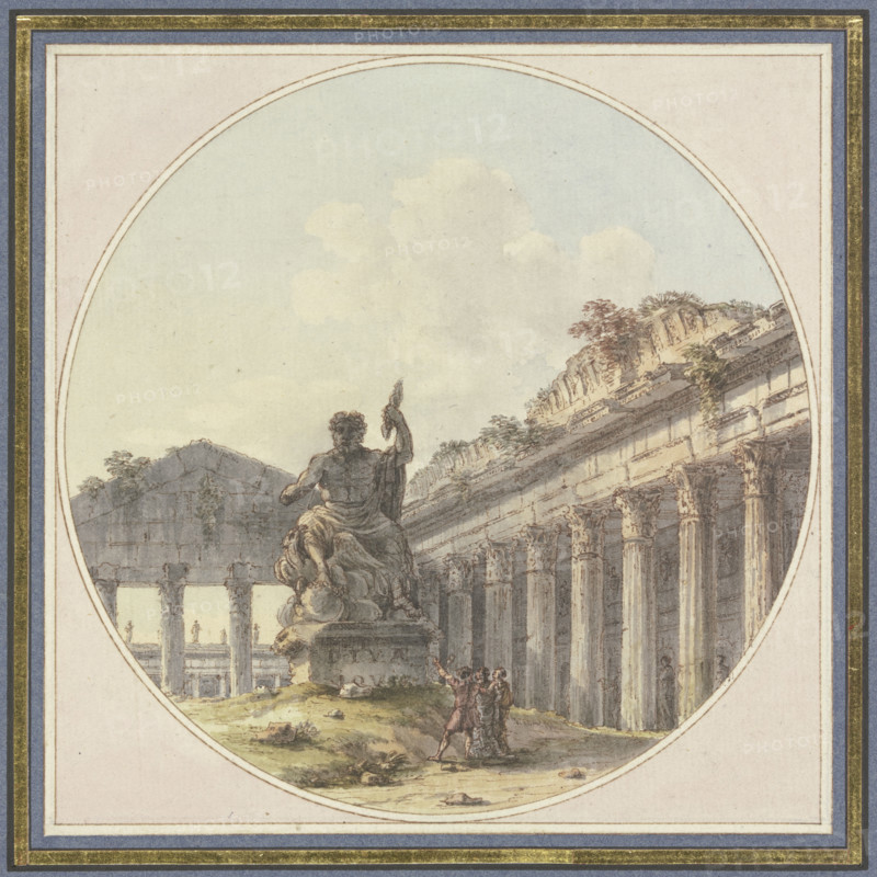Architectural capriccio: Interior of a temple ruin with a statue of Jupiter Tonans and figures. Creator: Victor Jean Nicolle.