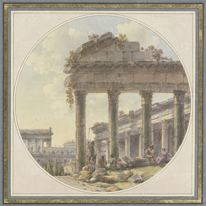 Architectural capriccio: Temple ruin and figures. Creator: Victor Jean Nicolle.