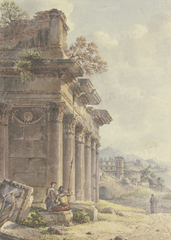 Architectural capriccio: Ruins of a temple facade, landscape with buildings and a bay in the back... Creator: Victor Jean Nicolle.
