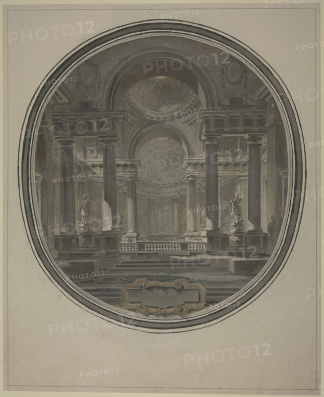 View into the rotunda of an ancient(?) temple, with an empty cartouche below. Creator: Jacques-Francois Blondel.