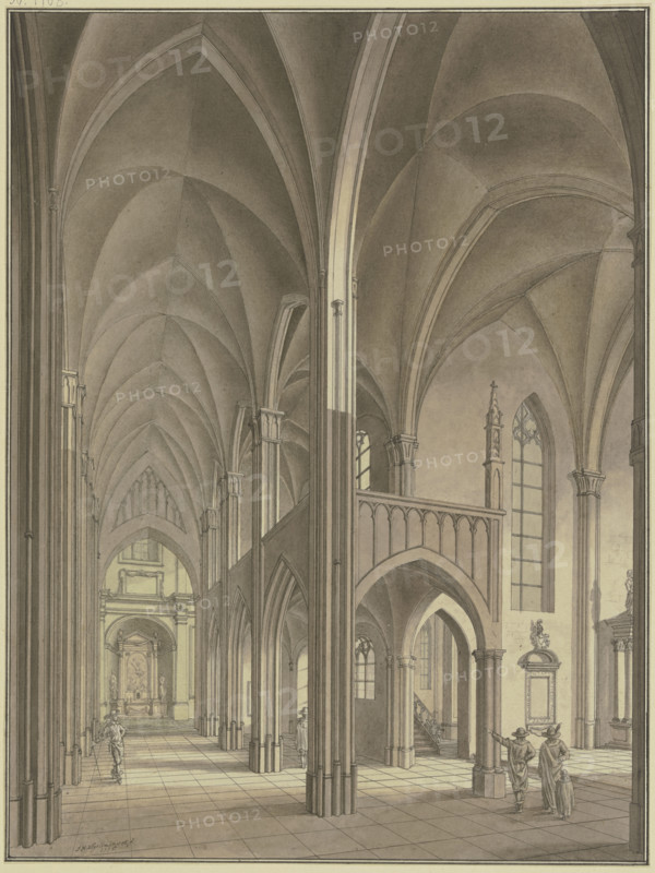View of a Gothic church with figures in 17th-century costumes, 1776. Creator: Johann Vogelin.