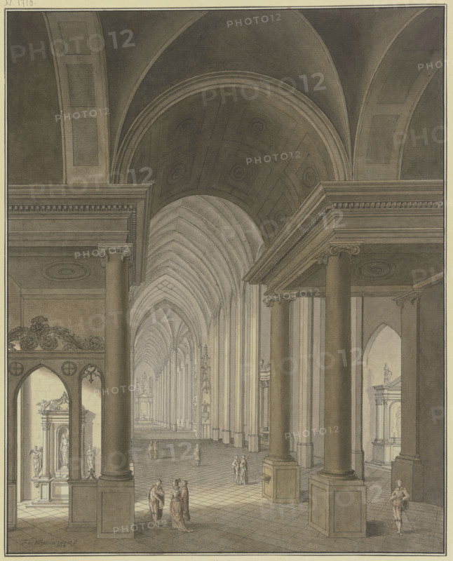 View into a Gothic church, with Baroque additions in the foreground and figures in 17th-cen...,1778. Creator: Johann Vogelin.