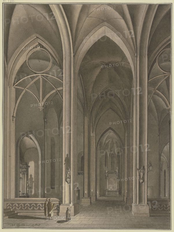 View into the side chapel of a Gothic church, in evening light; in the foreground..., c1776. Creator: Johann Vogelin.