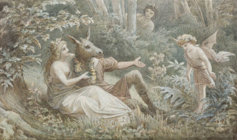 The fairy queen Titania crowns the donkey-headed Nick Bottom sitting next to her, c1883. Creator: Leopold Bode.