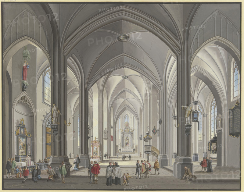 View into the interior of a Gothic hall church with many figures in 17th-century..., 1790. Creator: Johann Ludwig Ernst Morgenstern.