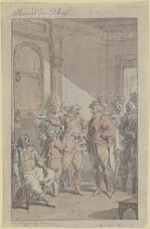 A prince with his retinue at a locked door, next to which sits an exhausted man. Creator: Christian Sambach.