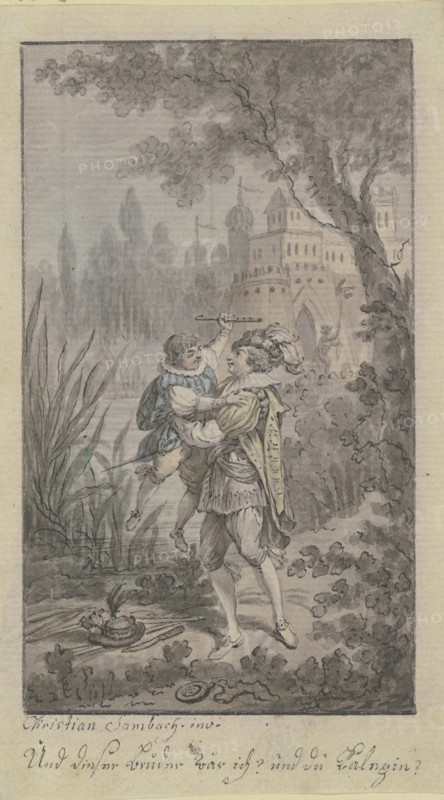 Greeting scene of two men at a castle. Creator: Christian Sambach.