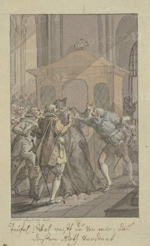 Three men arguing with swords and a clergyman before a confessional. Creator: Christian Sambach.