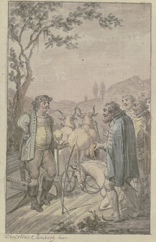 A plowing man with a team of oxen approaches a group of bareheaded men, a horse kneeling. Creator: Christian Sambach.