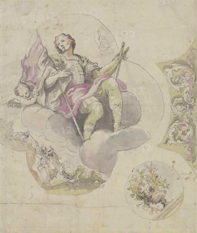 Saint George with sword and banner, enthroned on clouds. Creator: Unknown.