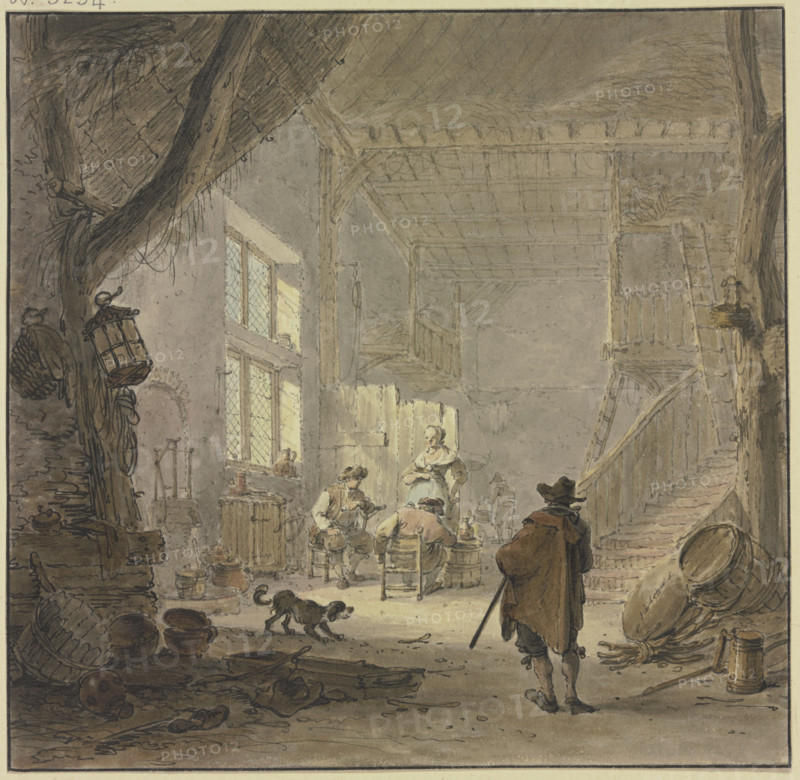 The interior of a house, two men and a woman at the window, a man seen from behind in the foreground Creator: Hendrik Meijer.