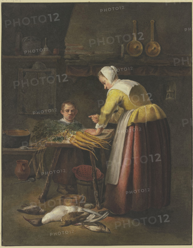 Woman and child in the kitchen with carrots and poultry. Creator: Henricus Franciscus Wiertz.