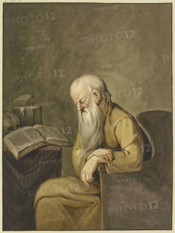 An old man with a long beard has fallen asleep in his chair while reading. Creator: Leffer.