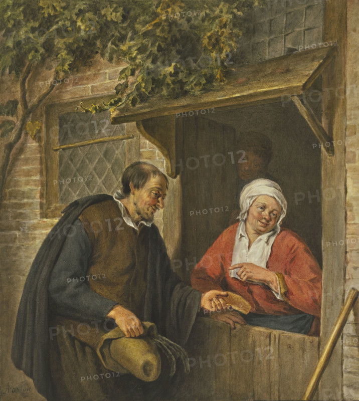 A man gives a piece of cake to a woman standing in the doorway, c18th century Creator: Unknown.