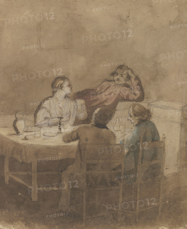 Woman with three men at a table by candlelight. Creator: Unknown.